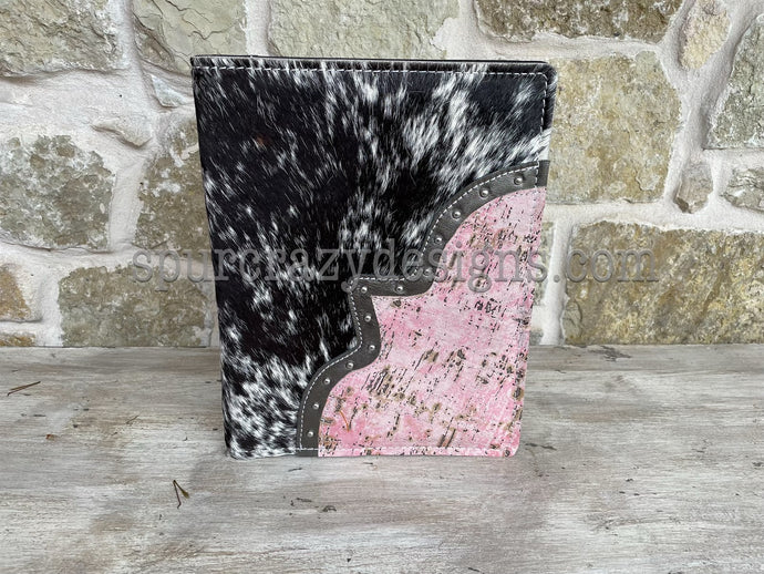 Leather Covered Portfolio - Salt and Pepper Cowhide and Pink Embossed Leather