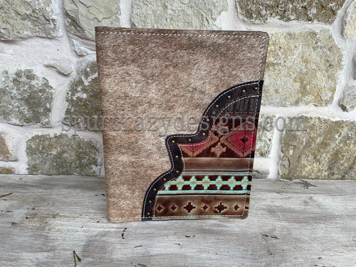 Leather Covered Portfolio - Brindle Cowhide and Red/Turquoise Southwest Embossed Leather