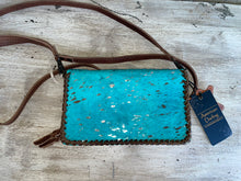 Load image into Gallery viewer, American Darling Acid Washed Cowhide Crossbody wallet turquoise