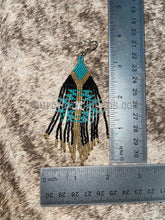 Load image into Gallery viewer, turquoise and black beaded fringe earrings measurements, approximately 1.5&quot; wide and 4&quot; long