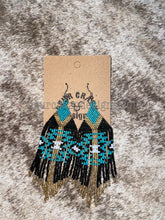 Load image into Gallery viewer, turquoise and black beaded fringe earrings