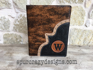 3 Ring Zippered Portfolio, Leather and Cowhide covered with Personalized Monogram or Brand