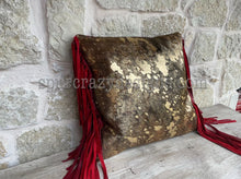 Load image into Gallery viewer, gold metallic acid washed cowhide pillow with red fringe picture 2