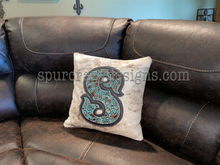 Load image into Gallery viewer, Brown and Turquoise Roses Monogram Cowhide and Leather Pillow