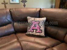 Load image into Gallery viewer, Cowhide and Leather Pillow with Purple/Violet Aztec Monogram